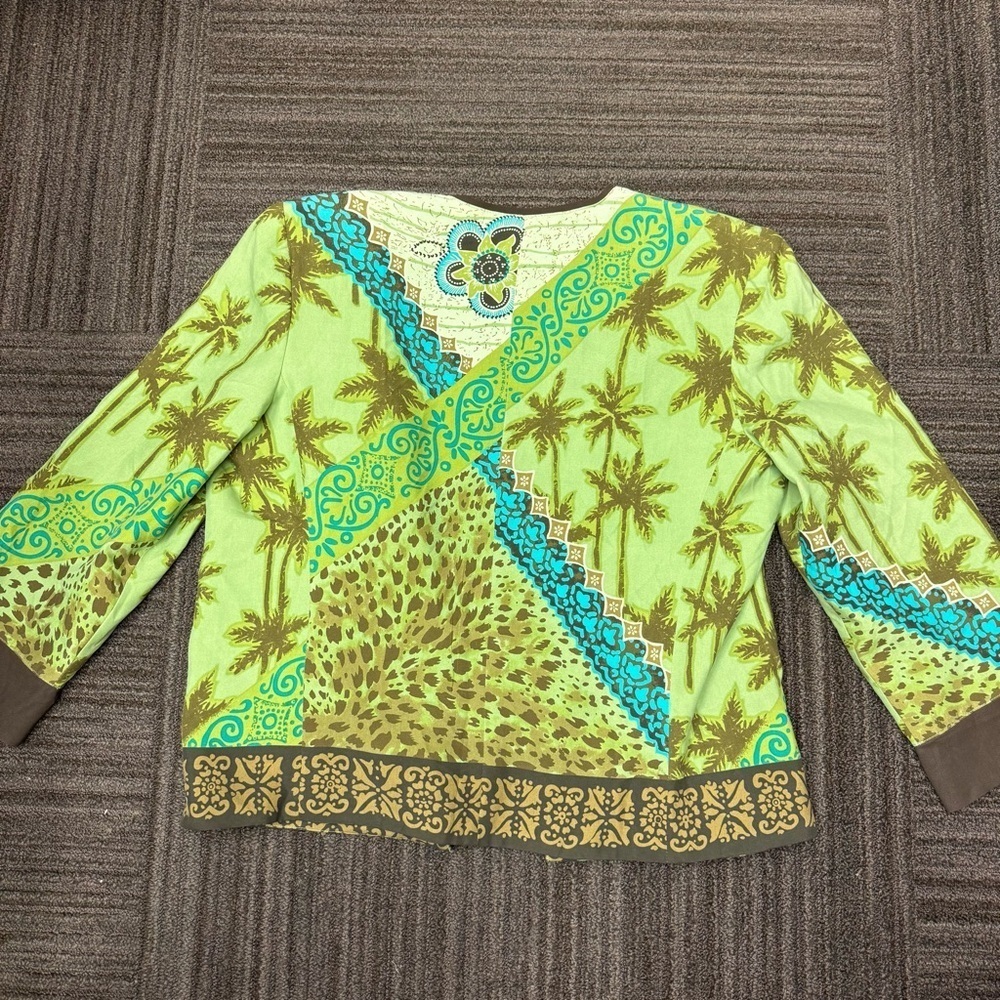 City Girl Vacation Tropical Palm Tree Green Brown Button Down Shirt Vintage Y2K - Picture 10 of 12